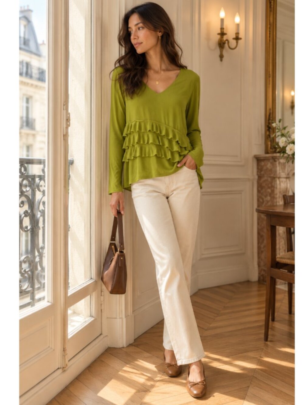 ☀️ VINTAGE SELENE Chartreuse Green Ruffle Long Sleeve Sheer Top Size Medium